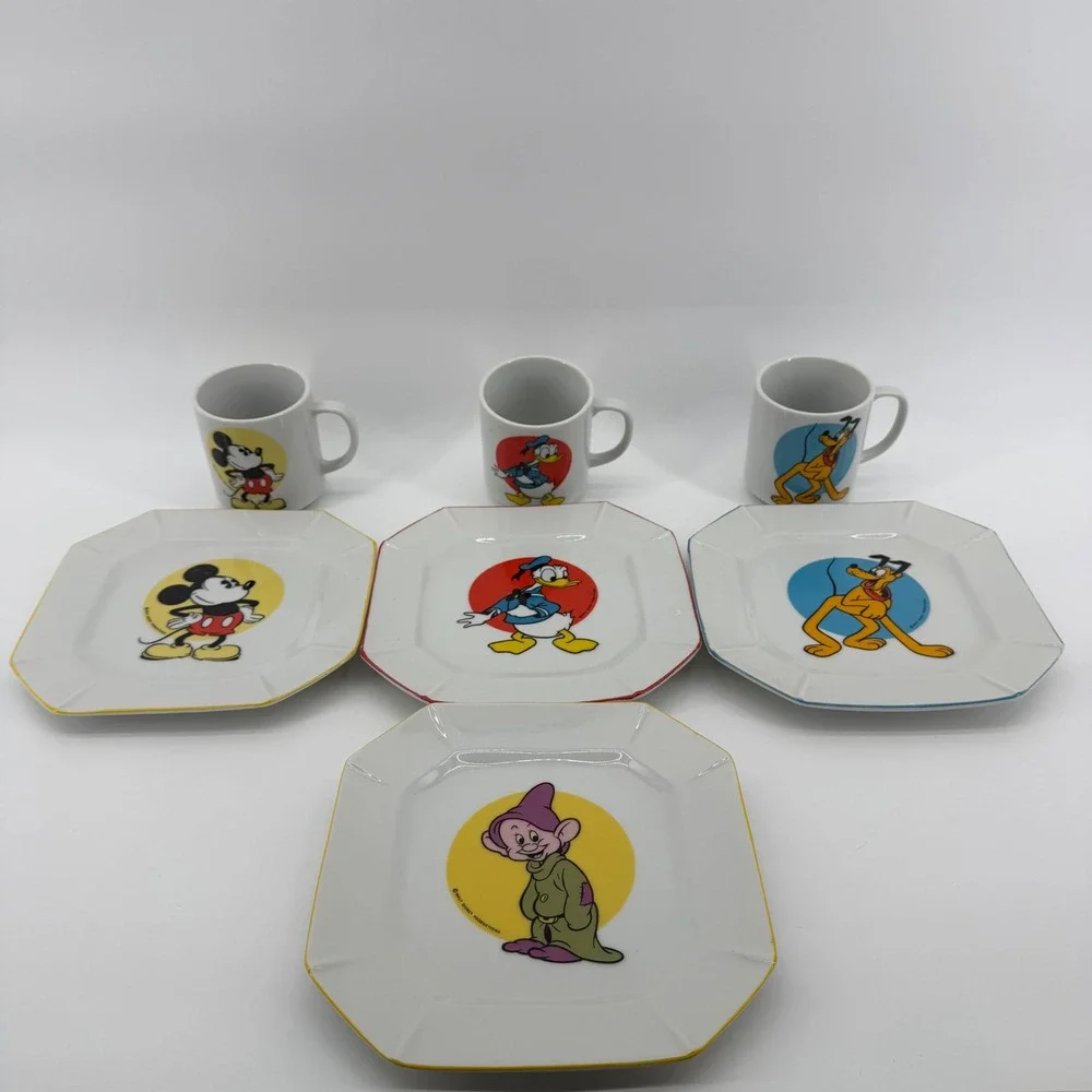 Walt Disney Productions 1970s Plate Mug Set 7pc White‎ Mickey Donald Pluto Dopey